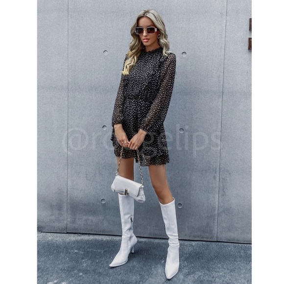 Black Mini Dress Long Sleeve All Overt Spotted Print Ruffe Detail - Picture 2 of 7